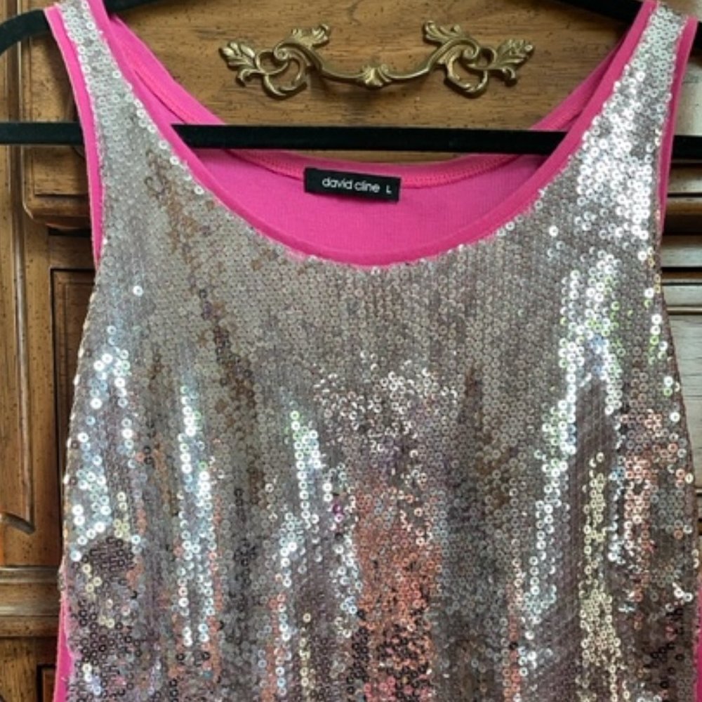 David CLINE, Pink & Sequin , Large Tank= PERFECT FOR NYE OR ANY PARTY